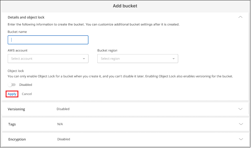 Uma captura de tela mostrando a página Adicionar balde para que você possa criar seu próprio bucket do Amazon S3.