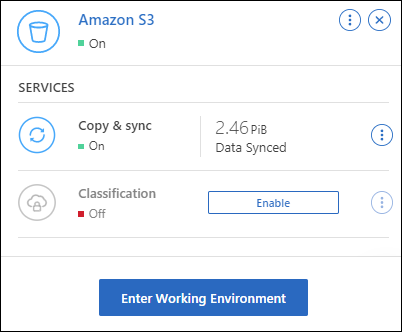 Uma captura de tela que mostra o painel ações depois de selecionar um ambiente de trabalho do Amazon S3. O painel mostra informações sobre o S3: O número de buckets e os serviços disponíveis.