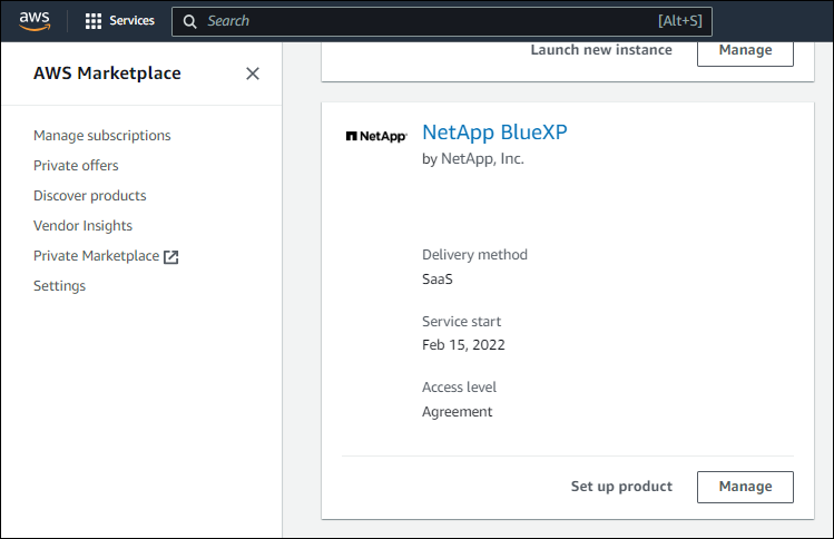 Uma captura de tela do AWS Marketplace mostrando uma assinatura do NetApp BlueXP .