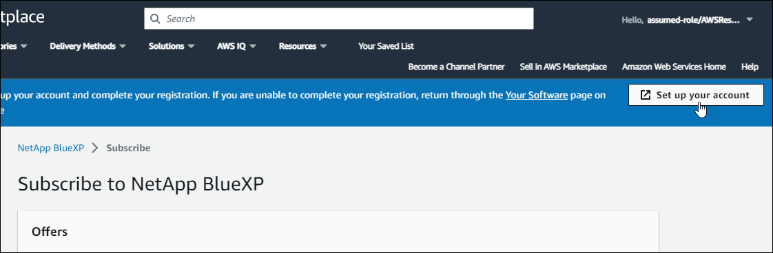 Uma captura de tela do AWS Marketplace mostrando uma assinatura do NetApp BlueXP  e a opção Configurar sua conta que aparece no canto superior direito da página.