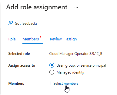 Uma captura de tela do portal do Azure que mostra a guia Membros ao adicionar uma função a um aplicativo.