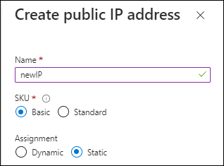 Uma captura de tela do criar novo endereço IP no Azure que permite escolher Básico no campo SKU.