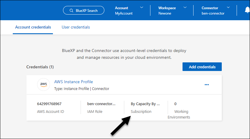 Uma captura de tela da página de credenciais da conta do BlueXP  que mostra credenciais da AWS que inclui um campo de assinatura que identifica o nome da assinatura associada às credenciais.