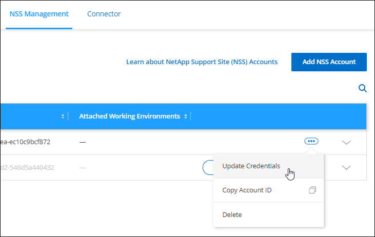 Uma captura de tela que mostra o menu de ação de uma conta do site de suporte da NetApp, que inclui a capacidade de escolher a opção Excluir.