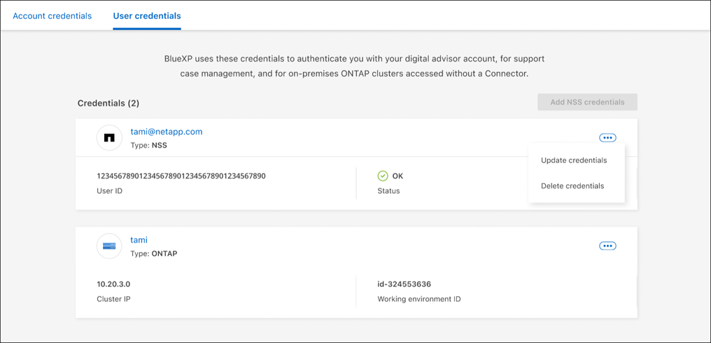 Uma captura de tela que mostra credenciais NSS e credenciais ONTAP e a capacidade de selecionar Atualizar credenciais e Excluir credenciais no menu de ação