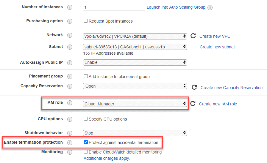 Uma captura de tela que mostra campos na página Configurar instância na AWS. A função do IAM que você deve ter criado na etapa 1 é selecionada.