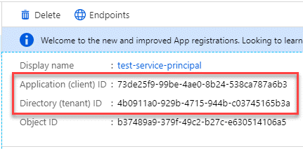 Uma captura de tela que mostra o ID do aplicativo (cliente) e ID do diretório (locatário) para um aplicativo no Microsoft Entra IDy.