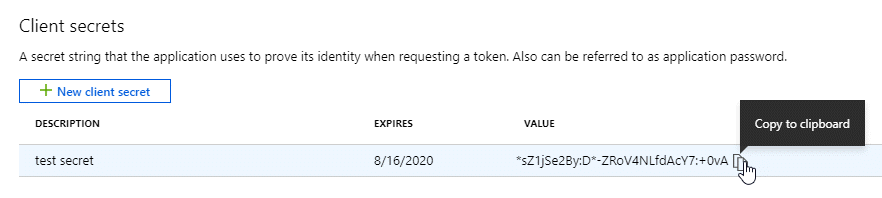 Uma captura de tela do portal do Azure que mostra um segredo de cliente para o responsável do serviço Microsoft Entra.