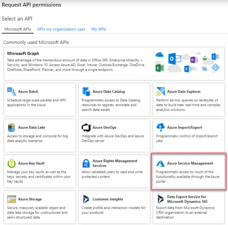 Uma captura de tela do portal do Azure que mostra as permissões da API de Gerenciamento de Serviços do Azure.