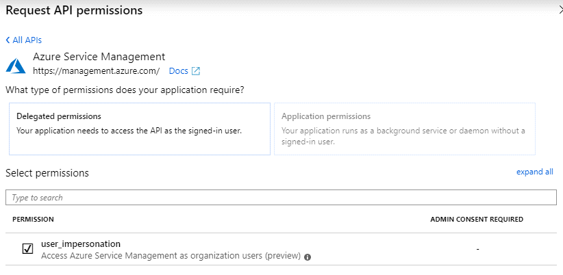 Uma captura de tela do portal do Azure que mostra a adição das APIs de Gerenciamento de Serviços do Azure.