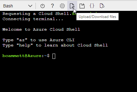 Uma captura de tela do Azure Cloud Shell, onde você pode escolher a opção para carregar um arquivo.