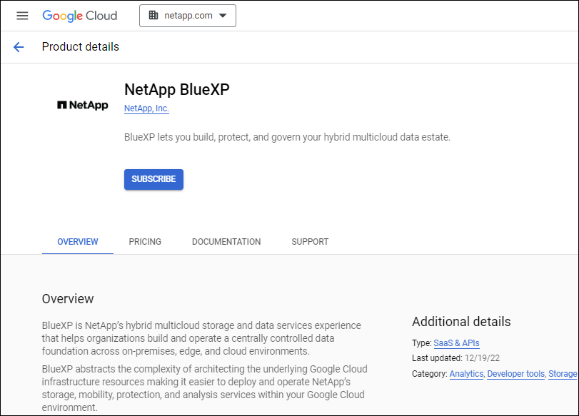 Uma captura de tela da página de mercado do Cloud Volumes ONTAP no Google Cloud.