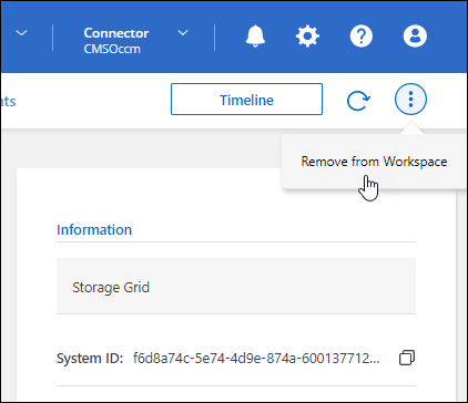 Uma captura de tela da opção Remover do espaço de trabalho que está disponível no menu superior direito do ambiente de trabalho.