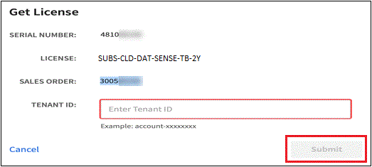 Uma captura de tela que mostra a caixa de diálogo obter licença onde você insere seu ID de locatário e, em seguida, clique em Enviar para baixar o arquivo de licença.