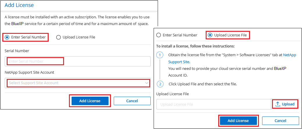 Uma captura de tela que mostra a página para adicionar a licença BYOL de disposição em camadas do BlueXP .