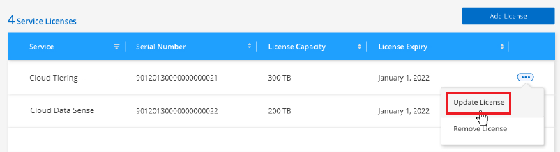 Uma captura de tela da seleção do botão Atualizar Licença para um serviço específico.