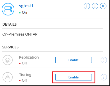 Uma captura de tela que mostra a opção Habilitar que aparece no lado direito da tela depois de selecionar um ambiente de trabalho ONTAP local.