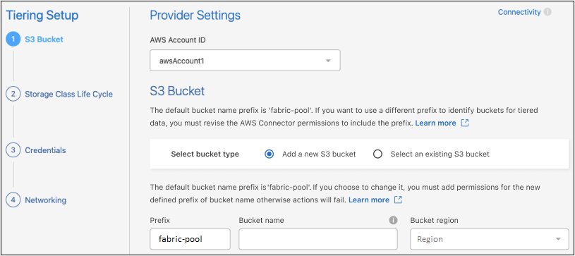 Uma captura de tela mostrando os dados que devem ser fornecidos para configurar a disposição em camadas em um bucket do S3.