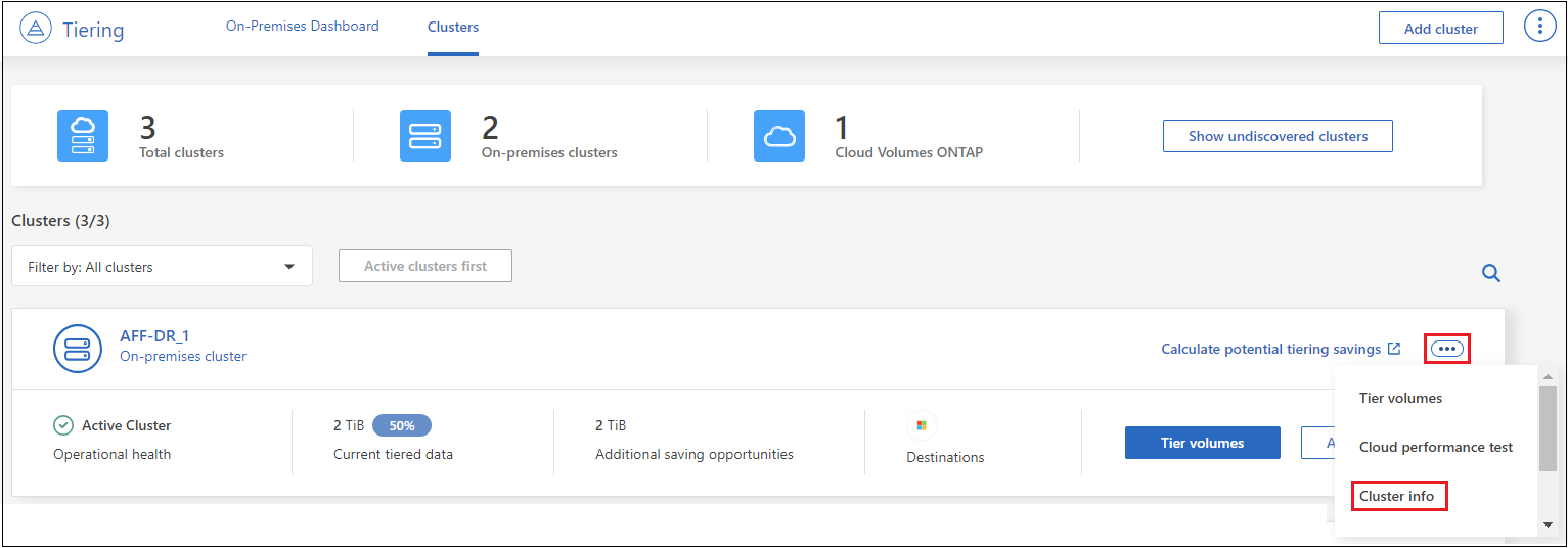 Uma captura de tela da seleção do botão informações do cluster na página clusters.