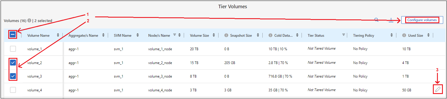 Uma captura de tela que mostra como selecionar um único volume, vários volumes ou todos os volumes e o botão modificar volumes selecionados.