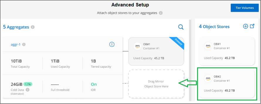 Uma captura de tela mostrando como arrastar um segundo armazenamento de objetos para um agregado para criar um espelho de disposição em camadas.