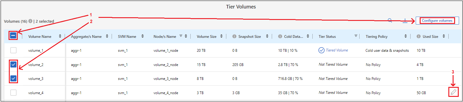 Uma captura de tela que mostra como selecionar um único volume, vários volumes ou todos os volumes e o botão modificar volumes selecionados.