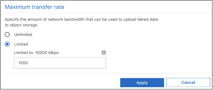 Uma captura de tela da caixa de diálogo Maximum Transfer Rate (taxa de transferência máxima) para um cluster.