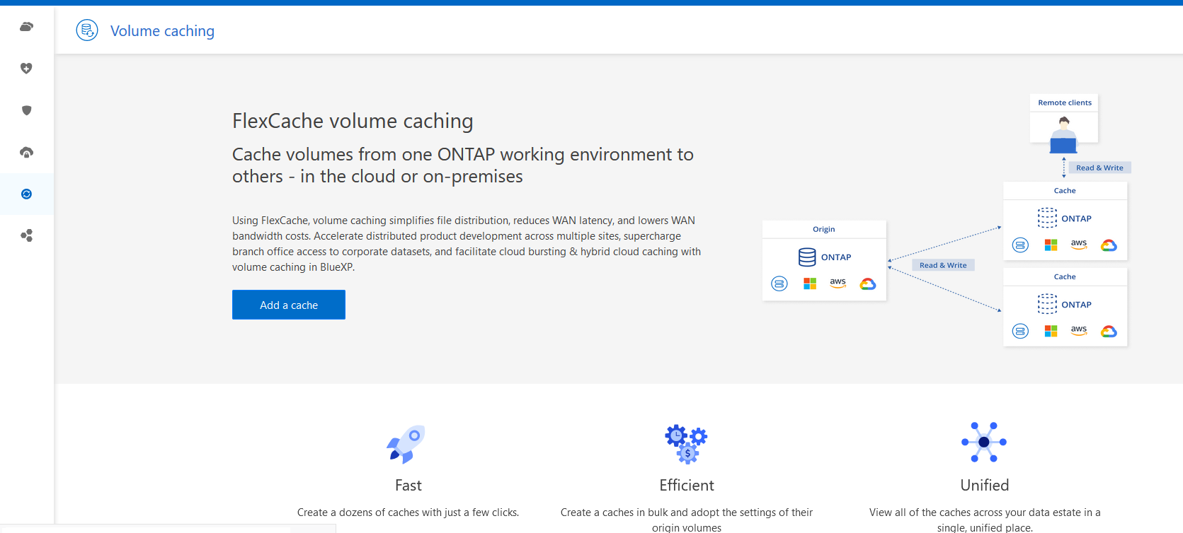 a página inicial para o armazenamento em cache de volume