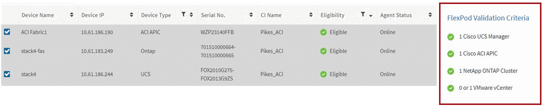 Apresenta quatro dispositivos selecionados na tabela e marcas de verificação verdes para cada um, o que indica que selecionou todos os componentes necessários.