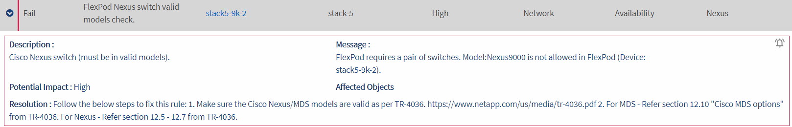 Mostra detalhes sobre uma regra, incluindo a descrição, o impactos e a resolução.