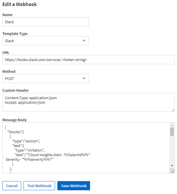 Modelo de webhook do Slack