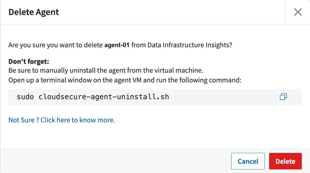 Diálogo de confirmação de exclusão do Agent, confirmando a exclusão de um Agent de exemplo e exibindo o comando que desinstala o software do Agent do seu host.,title="Delete Agent confirmation dialog",width=1007,height=562