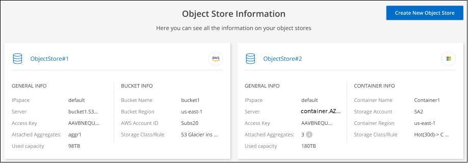 Uma captura de tela que mostra as informações de armazenamento de objetos, que detalham a capacidade total utilizada, o agregado anexado ao armazenamento de objetos, o nome do armazenamento de objetos e mais informações.