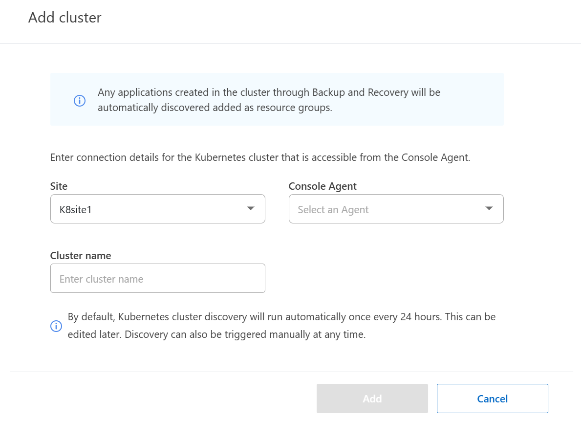 Captura de tela das opções de adição de cluster Kubernetes.
