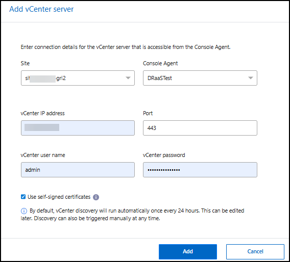 Captura de tela de adicionar servidor vCenter
