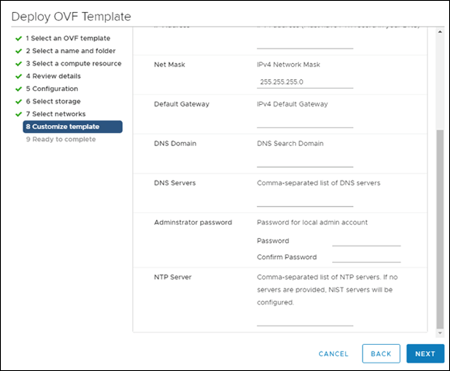 Captura de tela da tela Deploy OVF Template