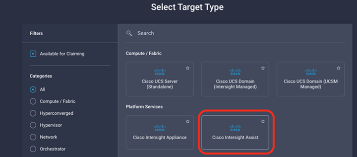 Captura de tela do Select Target Type destacando o Cisco Intersight Assist