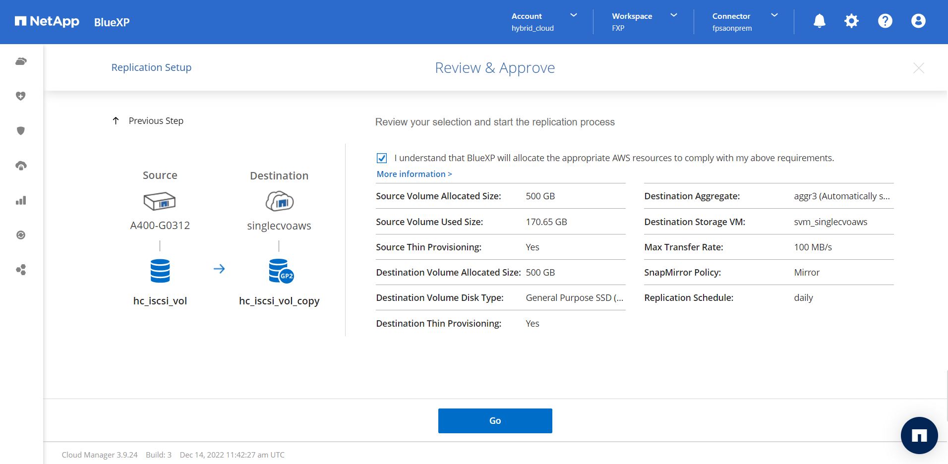 Esta captura de tela mostra a tela Revisão e aprovação da configuração de replicação do BlueXP .