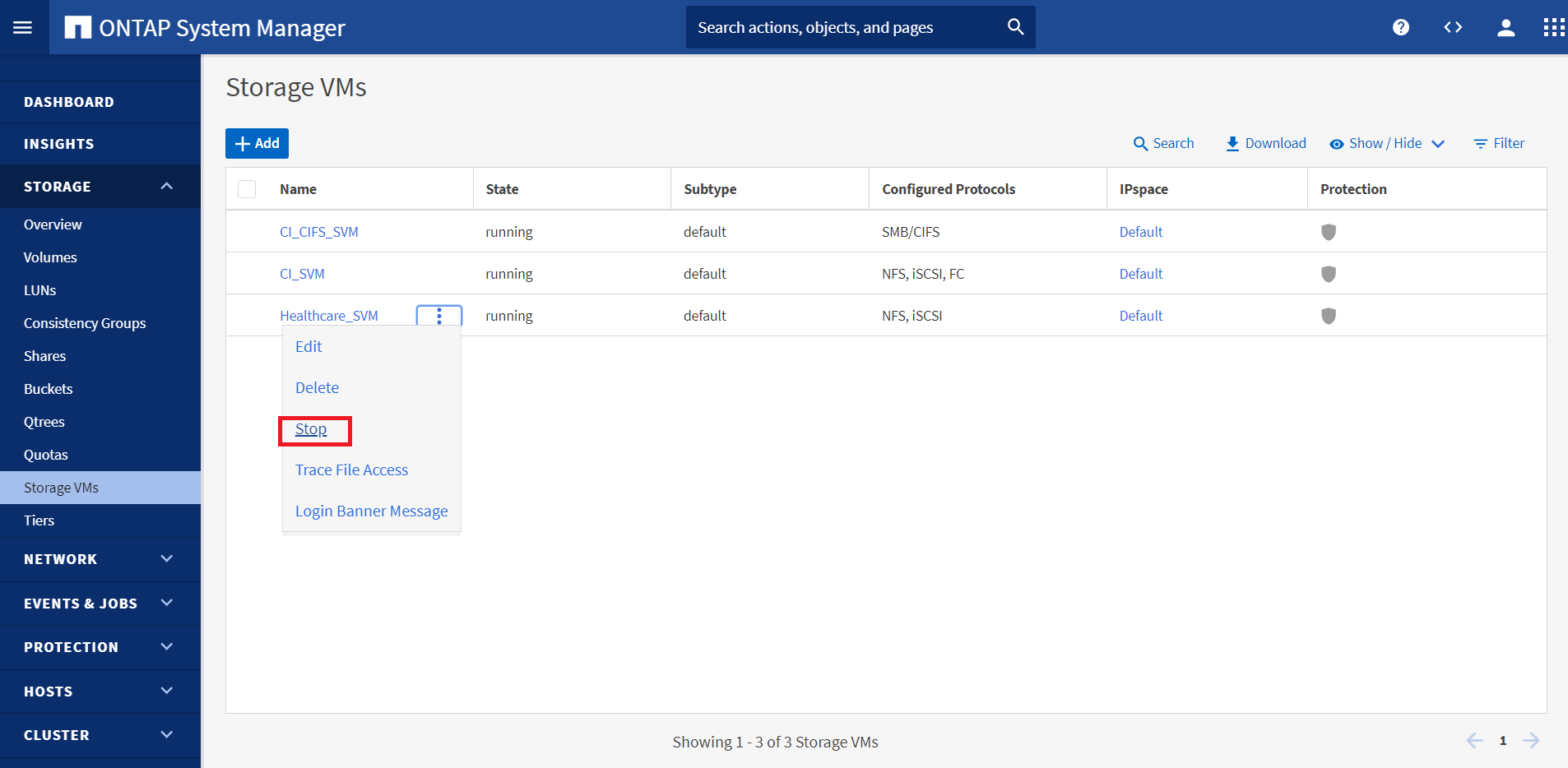 Esta captura de tela mostra a opção parar no menu suspenso Storage VM.