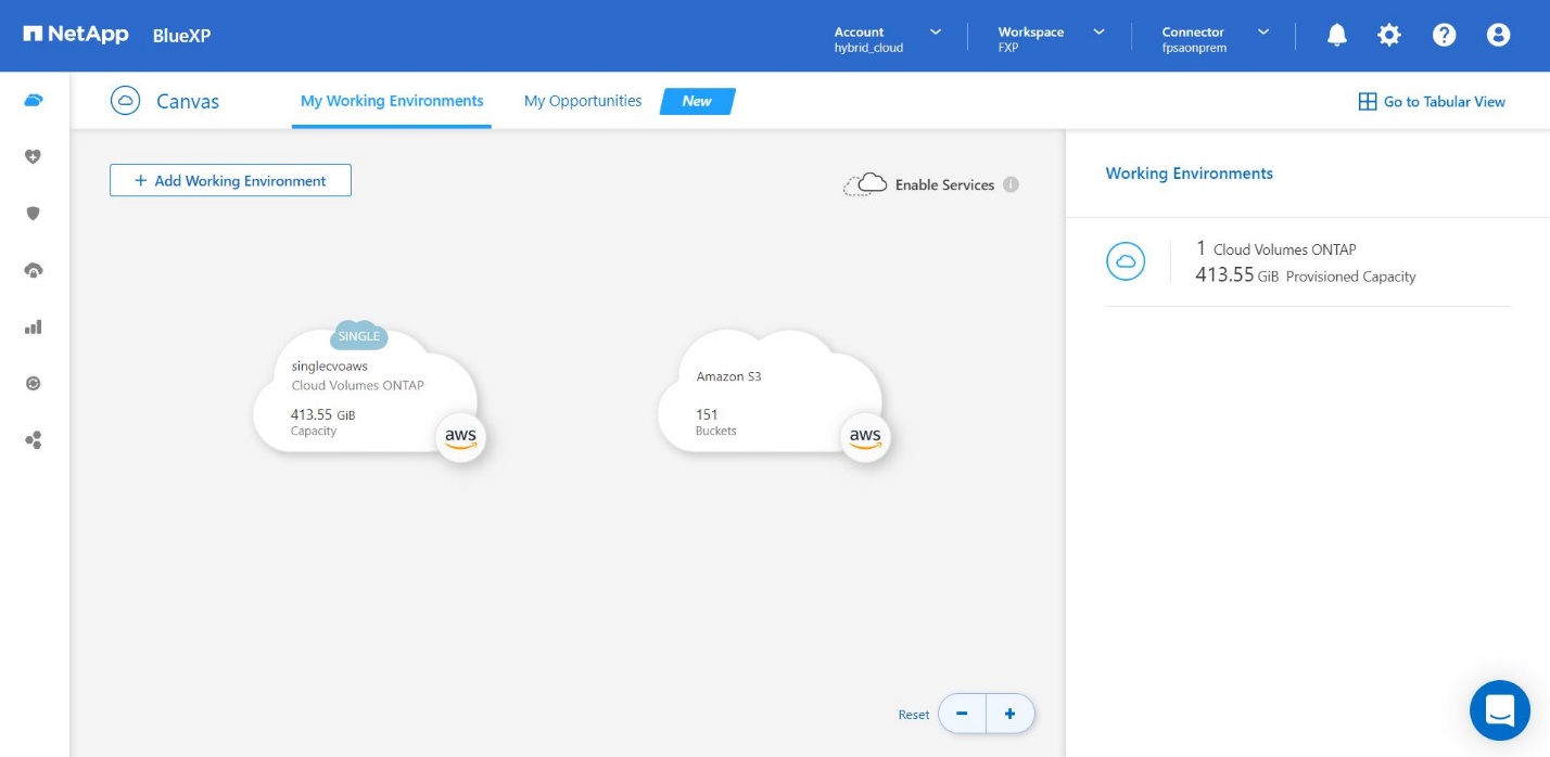 Esta captura de tela mostra a tela do NetApp BlueXP  Canvas com Meus ambientes de trabalho exibidos.