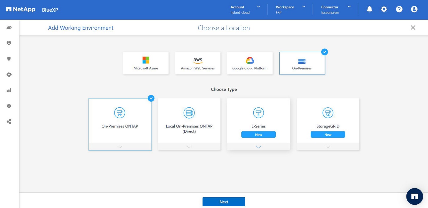 Esta captura de tela mostra a página Adicionar grupo de trabalho do BlueXP  com ONTAP on-premises selecionado.