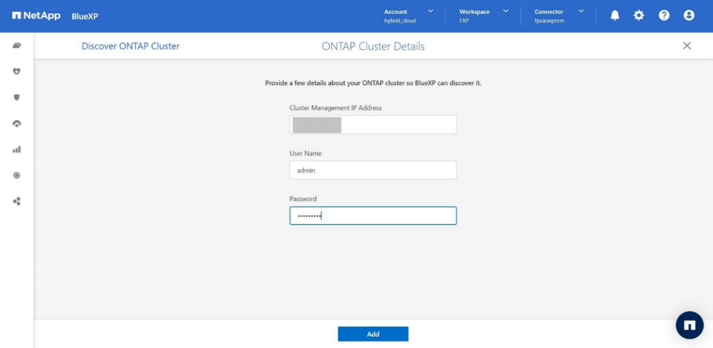 Esta captura de tela mostra a página BlueXP  Discover ONTAP Cluster com as entradas de Detalhes do cluster do ONTAP.