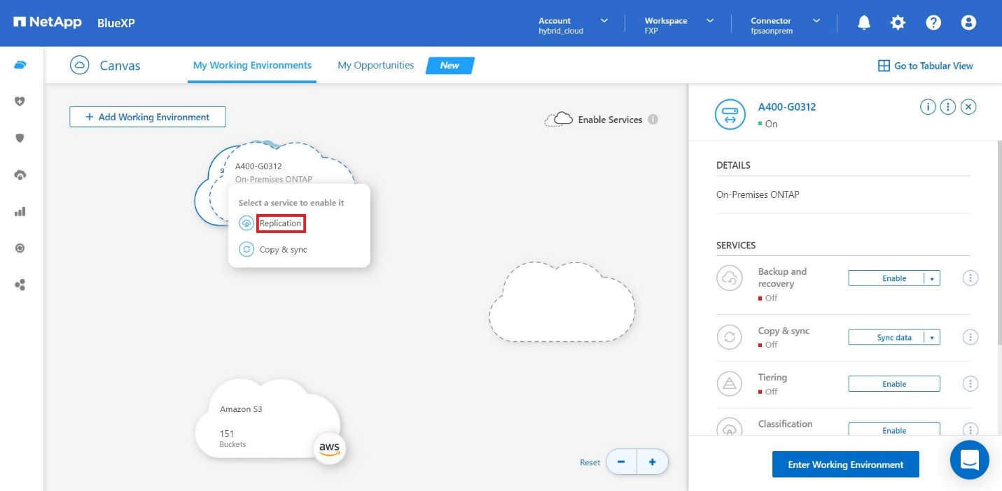 Esta captura de tela mostra a tela do BlueXP  Canvas com replicação selecionada em uma lista suspensa para a instância do ONTAP on-premise.