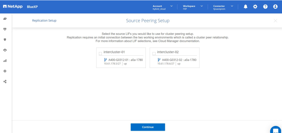 Esta captura de tela mostra a tela Configuração de peering de origem BlueXP .