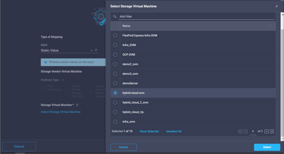 Captura de tela mostrando como escolher um valor estático e clique em Selecionar Storage Virtual Machine.