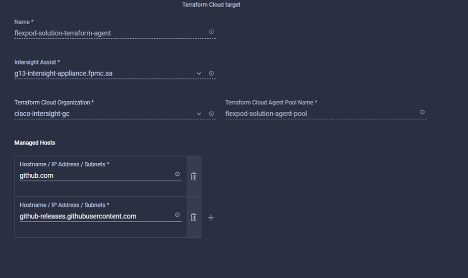 Captura de tela mostrando detalhes de configuração para o agente Terraform.