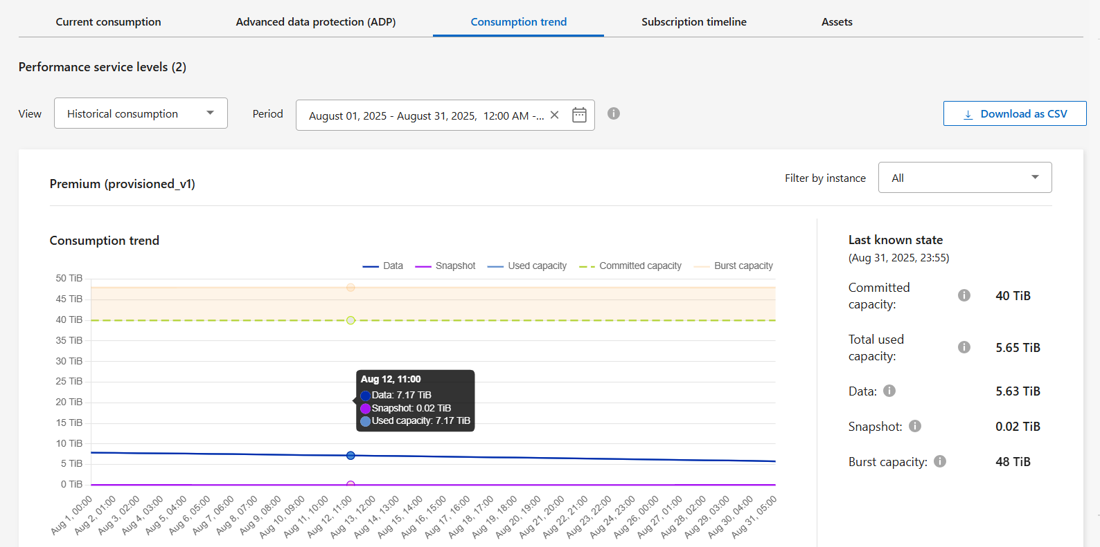 Gráfico de consumo do nível de serviço de desempenho premium para o site principal