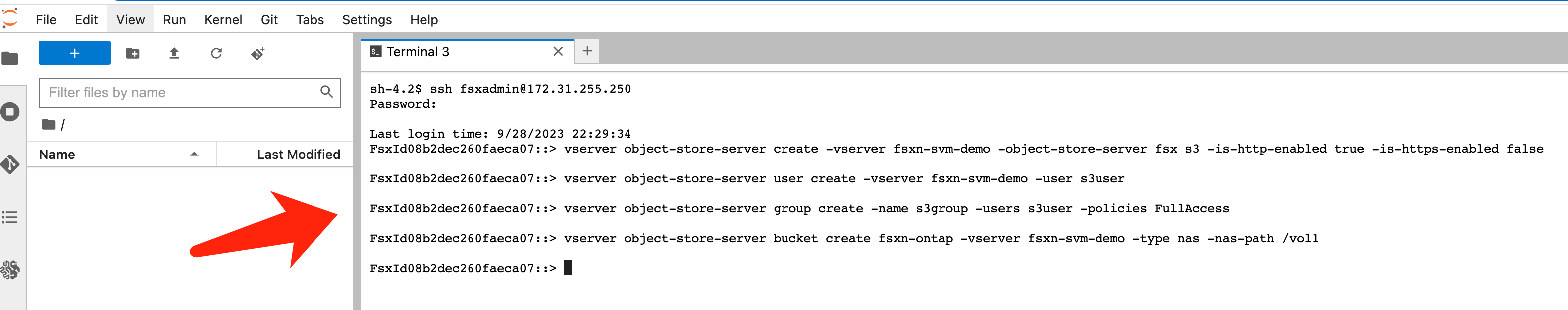 Saída do terminal do Jupyter Lab