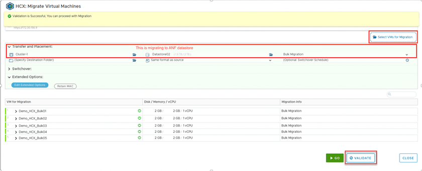 Captura de tela da seção Transferência e posicionamento do cliente vSphere.