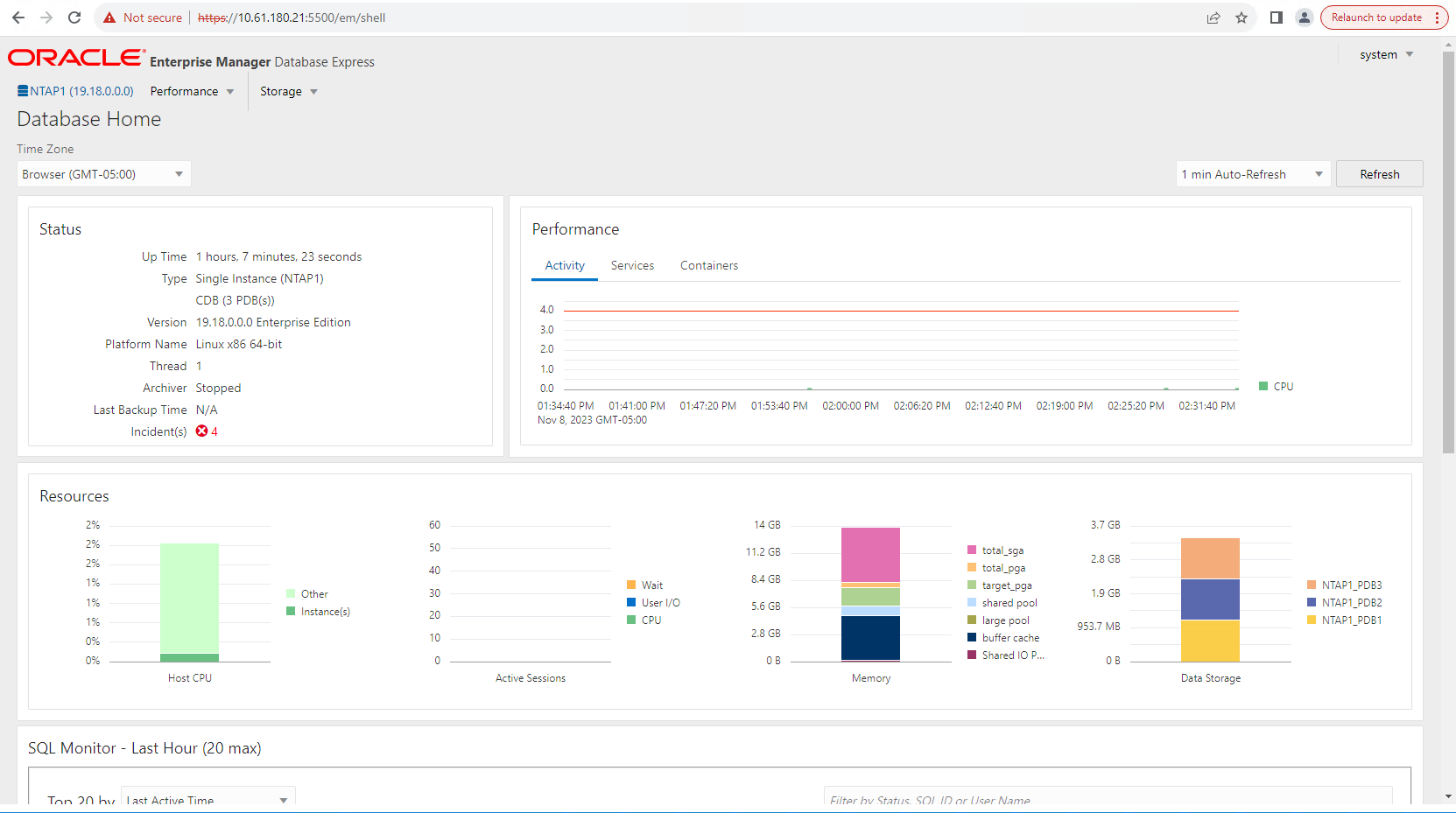 Esta imagem fornece uma visão do banco de dados do contêiner do Oracle Enterprise Manager Express